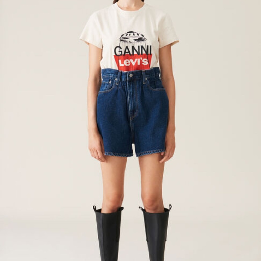 Ganni x Levis collab, denim shorts with ruffle trim waist